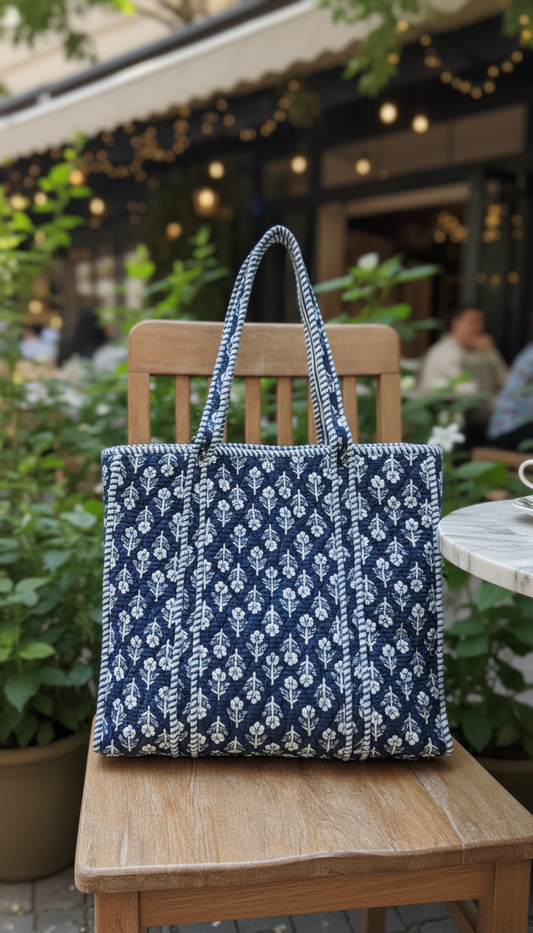 The Navy Tapestry Tote (With Zipper)