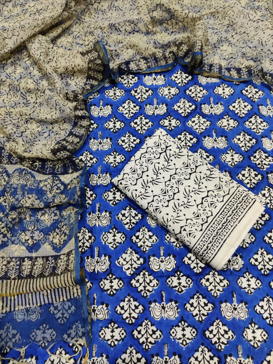 Handblock Cotton Unstitched Suit With Kota Doria Dupatta