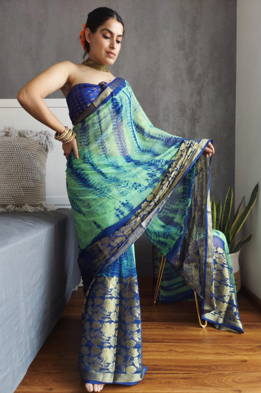 Premium Shibori print chiffon saree in Goldend Flower & zari border with Running Blouse