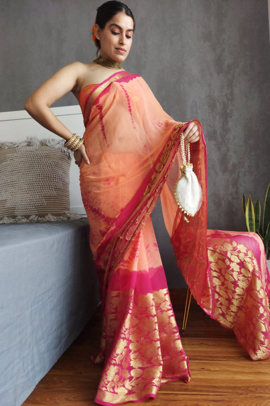 Premium Shibori print chiffon saree in Goldend Flower & zari border with Running Blouse