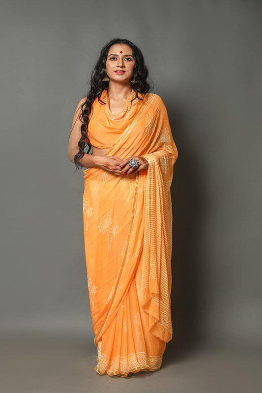 Premium Jaipuri Hand Work Print Chiffon Saree in Zari Border with Running Blouse